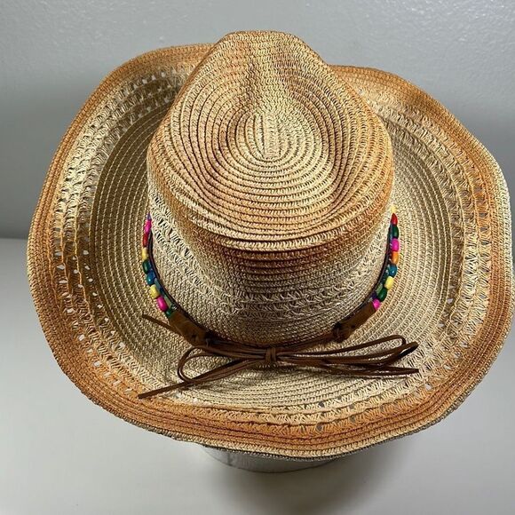 100% Paper Cowboy Hat w/ Leather Rainbow Band. Beige. OSFM. - Picture 3 of 7